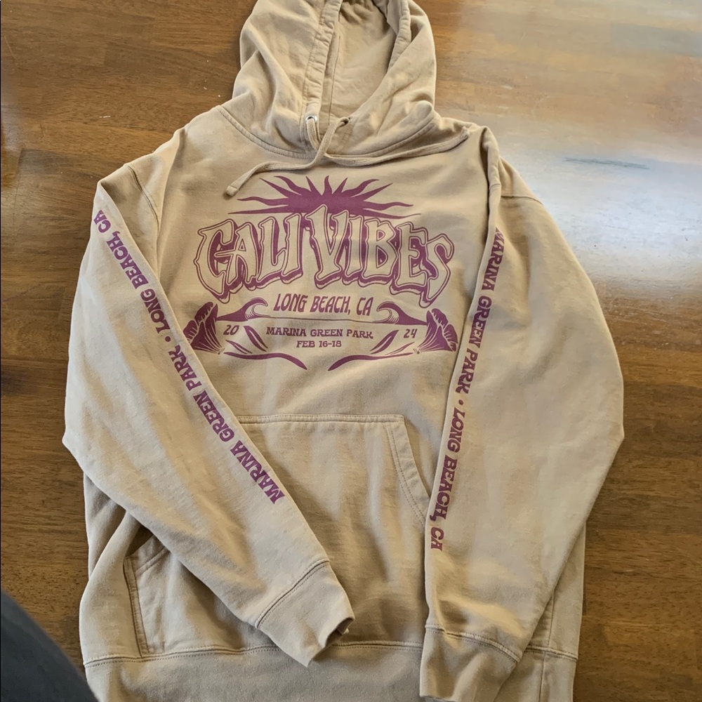 Tan Hoodie with Purple Cali Vibes Print - concert hoodie
